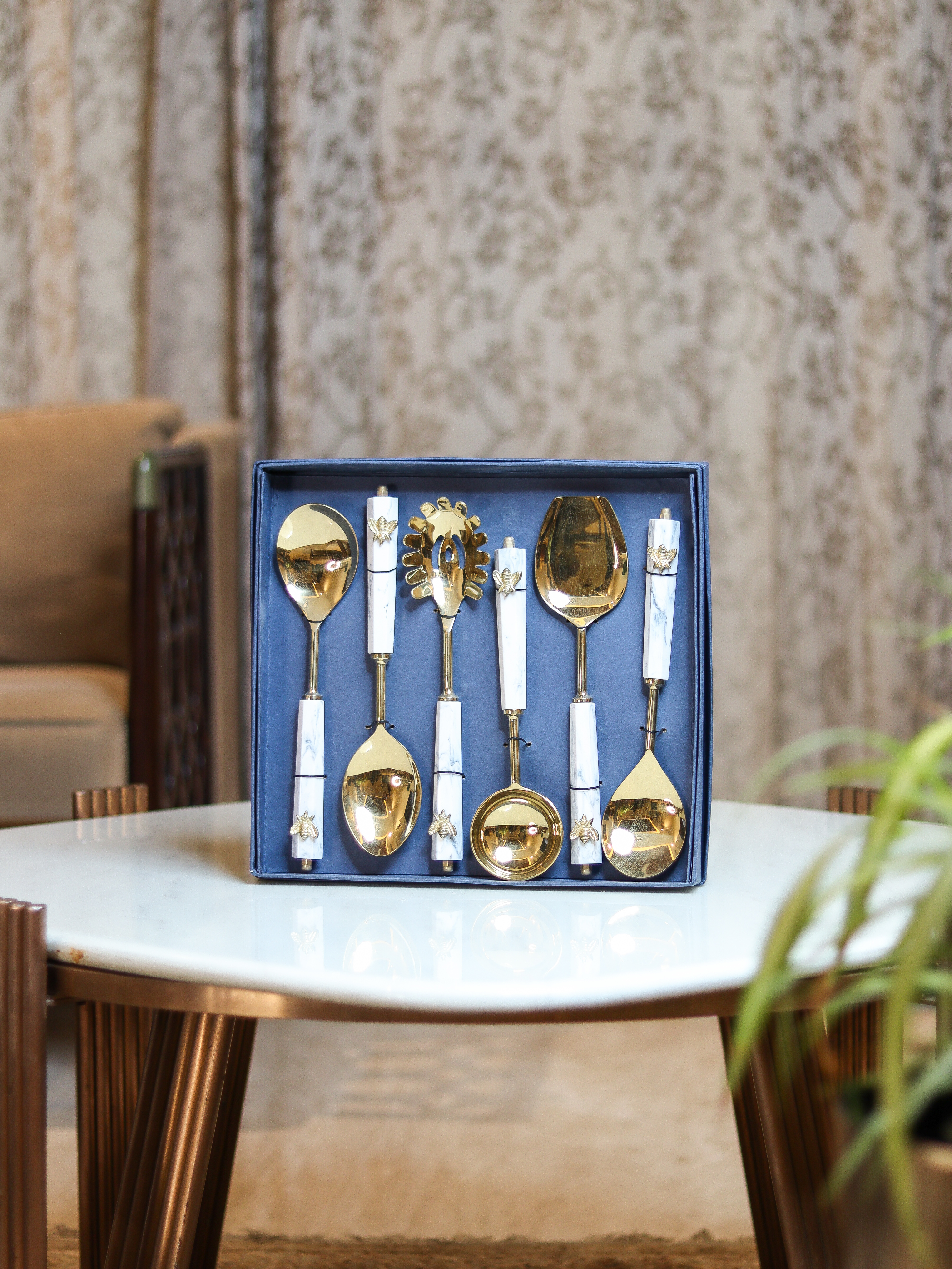Golden Hive: Bee-Inspired Marble Handle Serving Spoon Set