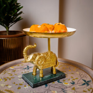 Elegant Brass Elephant Platter with Marble Support