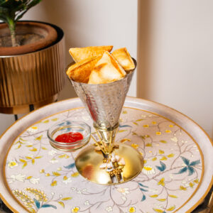 Designer Cone Platter in Stainless Steel with Glass Dip and Embellished Artistic Base