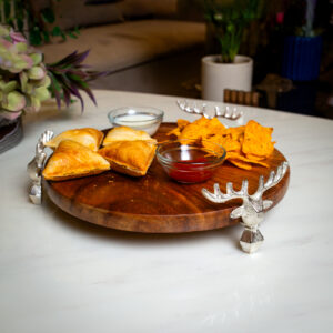 Artisan Sheesham Wood Platter with Reindeer-Themed Silver Stand
