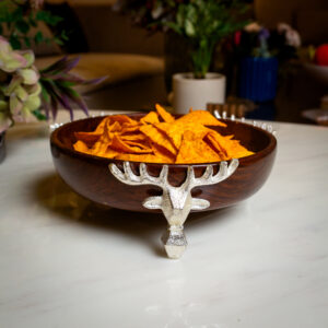 Artisan Sheesham Wood Bowl with Reindeer-Themed Silver Stand